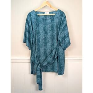 Molly & Isadora Kara Tie-Front Teal Print Kimono Sleeve Tunic Top